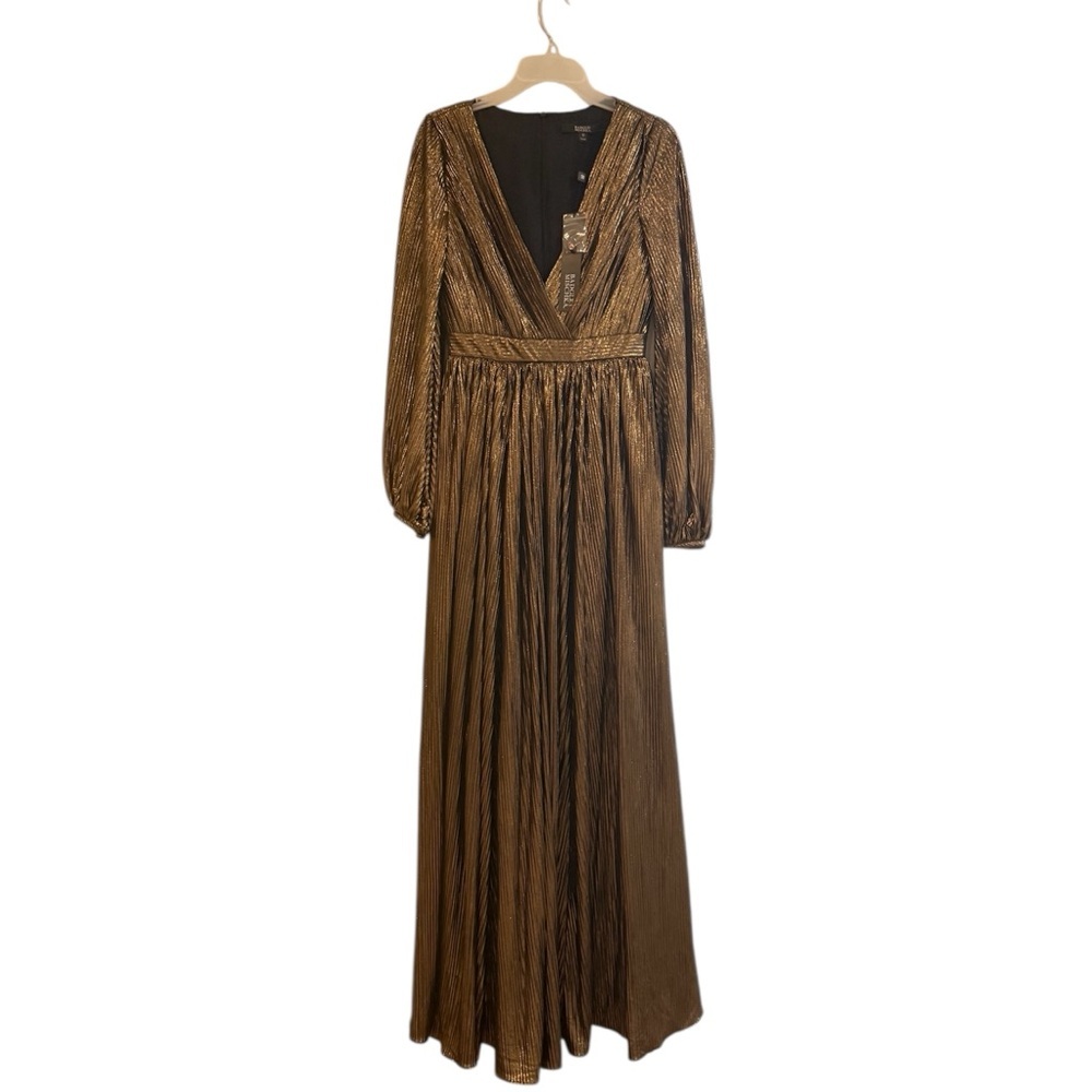 Badgley Mischka Metallic Pleated Georgette Maxi Dress Designer NWT Size xs